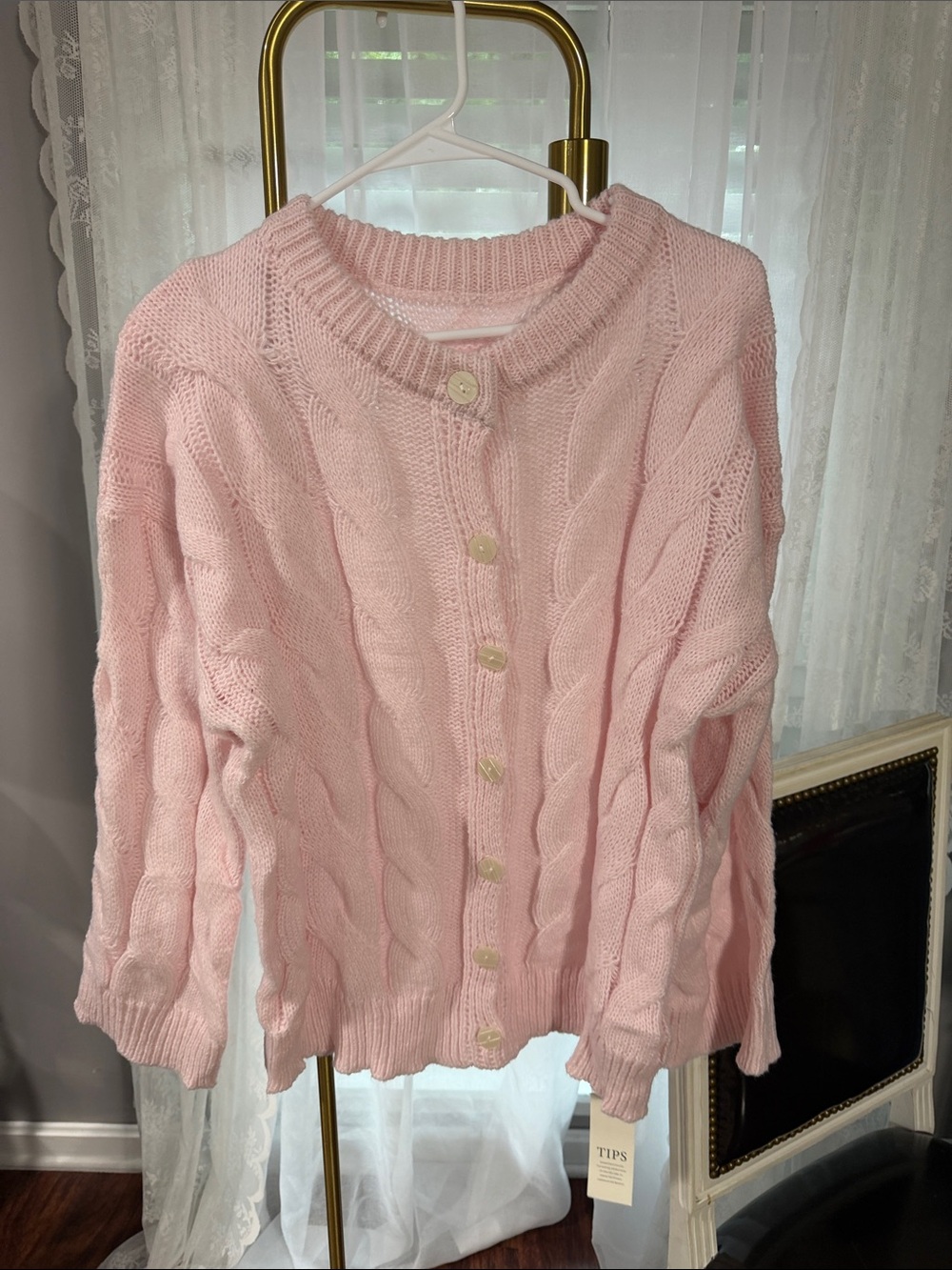 Women's Cable-Knit Button Cardigan in Pale Pink